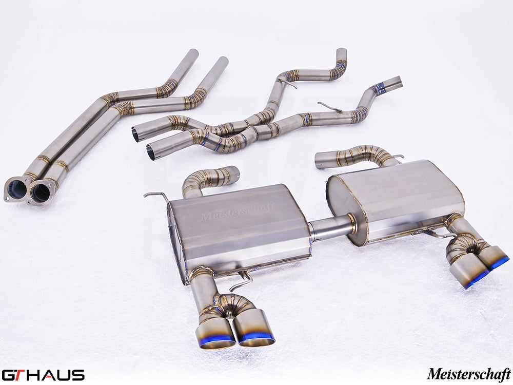 Premium Meisterschaft exhaust system for BMW E90/91/92/93 335i models, featuring stainless steel construction and dual tips.