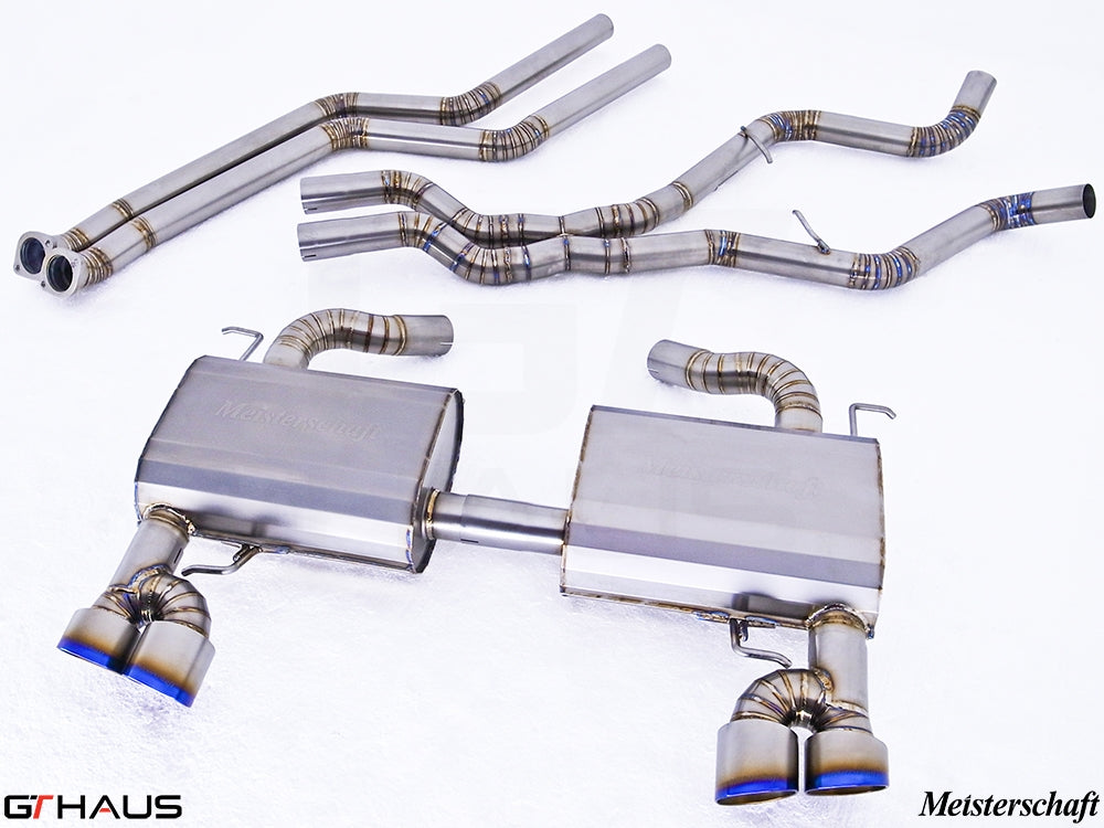 Premium Meisterschaft exhaust system for BMW E90/91/92/93 335i/xi models, featuring stainless steel construction and dual tips.