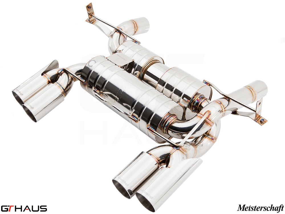 Premium stainless steel exhaust system for BMW E90/92/93 M3 4.0L V8, featuring dual tips and electronic valve control.