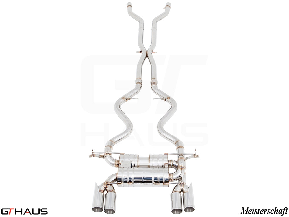 Premium exhaust system for BMW E90/92/93 M3 4.0L V8, featuring stainless steel construction and dual tips.