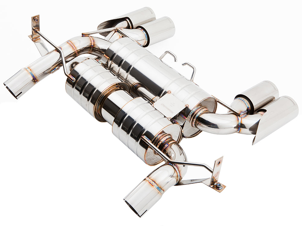Premium performance exhaust system for BMW E90/92/93 M3 4.0L V8, featuring stainless steel construction and dual tips.