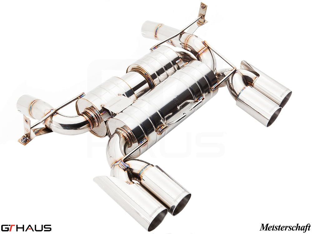 Premium Meisterschaft exhaust system for BMW E90/92/93 M3 4.0L V8, featuring polished stainless steel and quad tips.