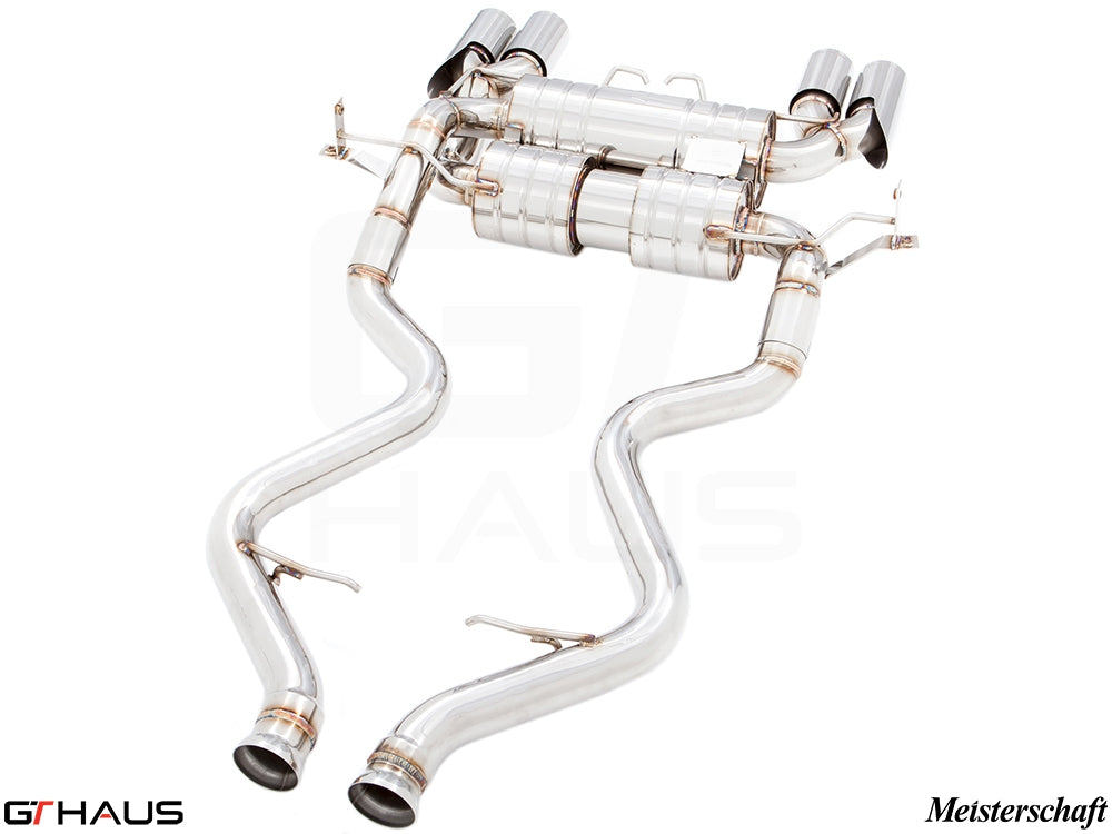 Premium exhaust system for BMW E90/92/93 M3 4.0L V8, featuring stainless steel construction and dual tips.