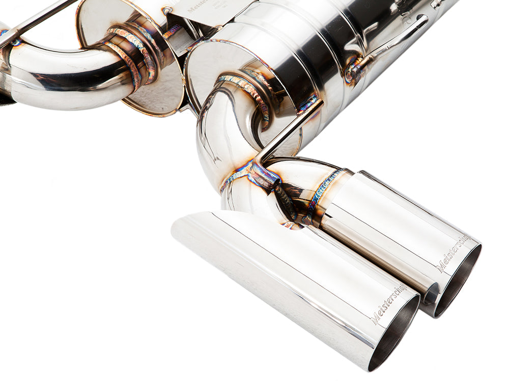 Premium exhaust system for BMW E90/92/93 M3 featuring polished stainless steel tips and precision welds.