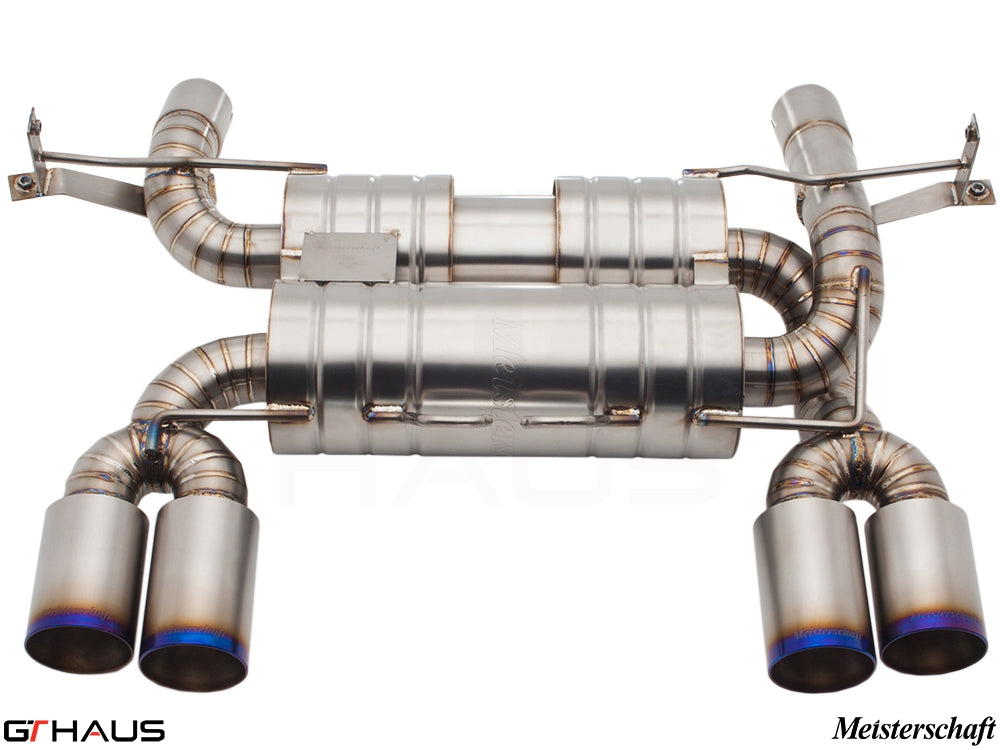 Premium performance exhaust system for BMW E90/92/93 M3 4.0L V8, featuring stainless steel construction and quad tips.