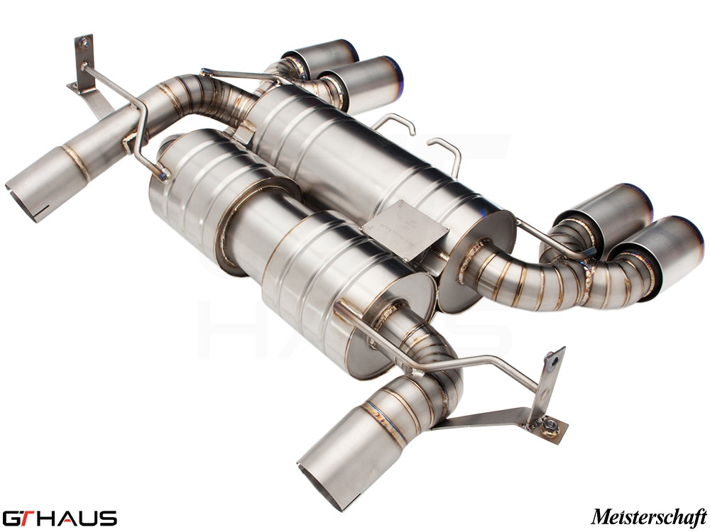 Premium performance exhaust system for BMW E90/92/93 M3 4.0L V8, featuring stainless steel construction and dual tips.