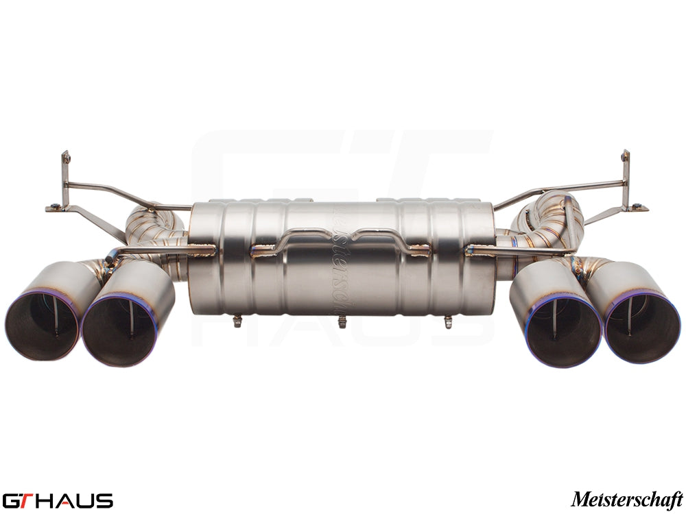 Premium exhaust system for BMW E90/92/93 M3 4.0L V8, featuring stainless steel construction and quad tips.