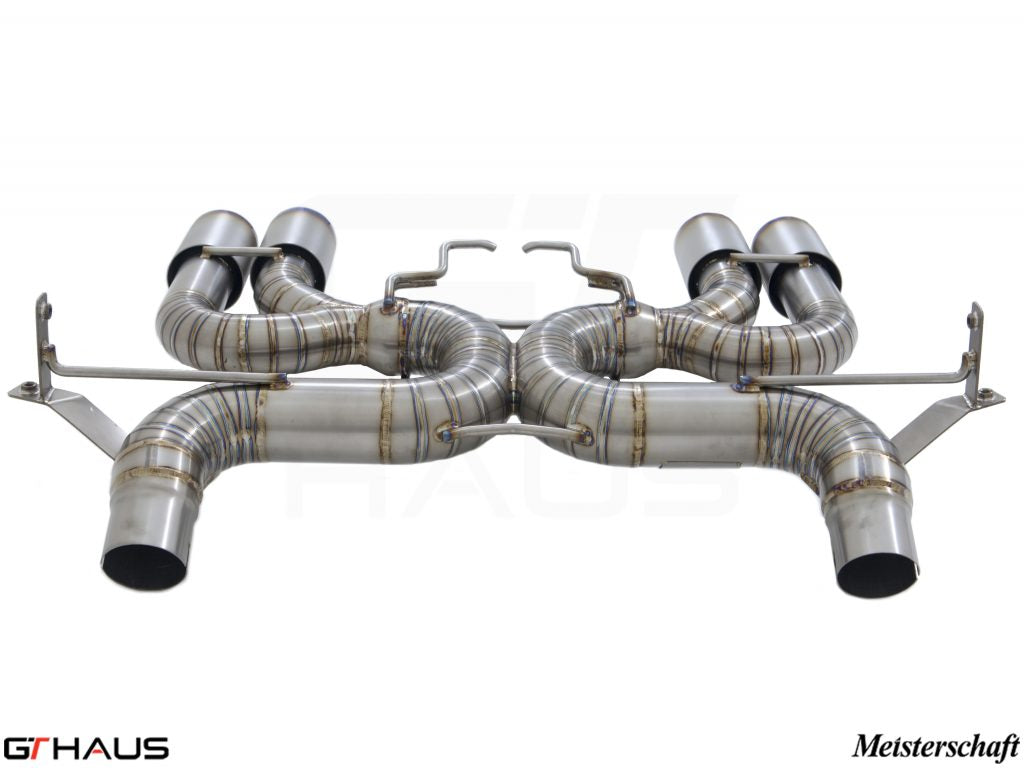 Premium Meisterschaft exhaust system for BMW E90/92/93 M3 4.0L V8, featuring stainless steel construction and dual tips.