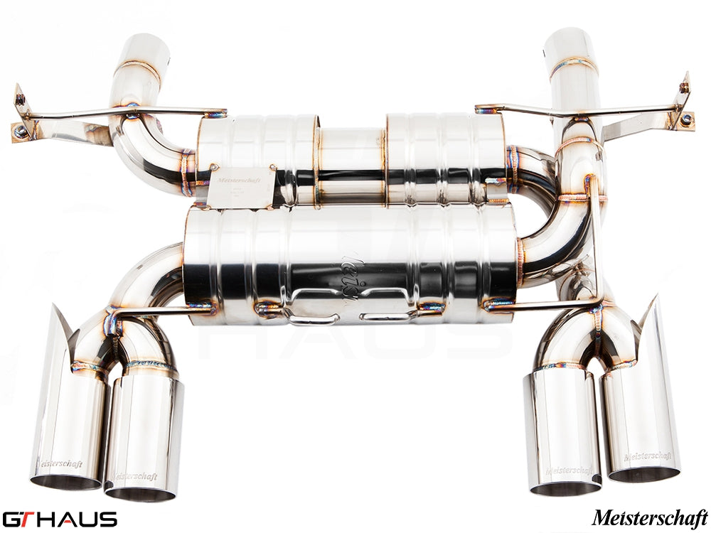 Premium Meisterschaft exhaust system for BMW E90/92/93 M3 4.0L V8, featuring stainless steel construction and dual tips.