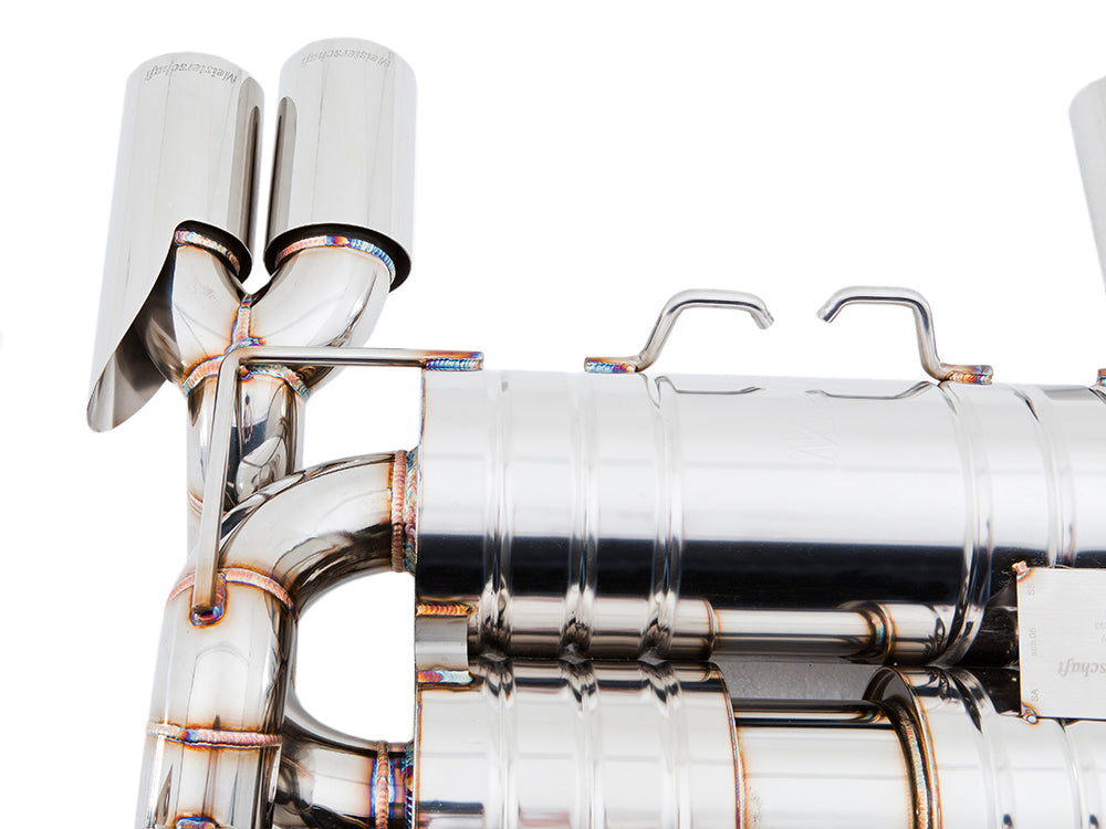 Premium stainless steel exhaust system for BMW E90/92/93 M3 4.0L V8, featuring polished tips and precision welds.