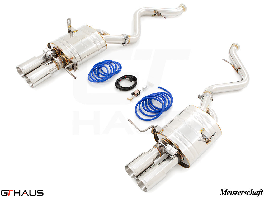 Premium exhaust system for BMW E90/92/93 M3 4.0L V8, featuring stainless steel construction and dual tips.