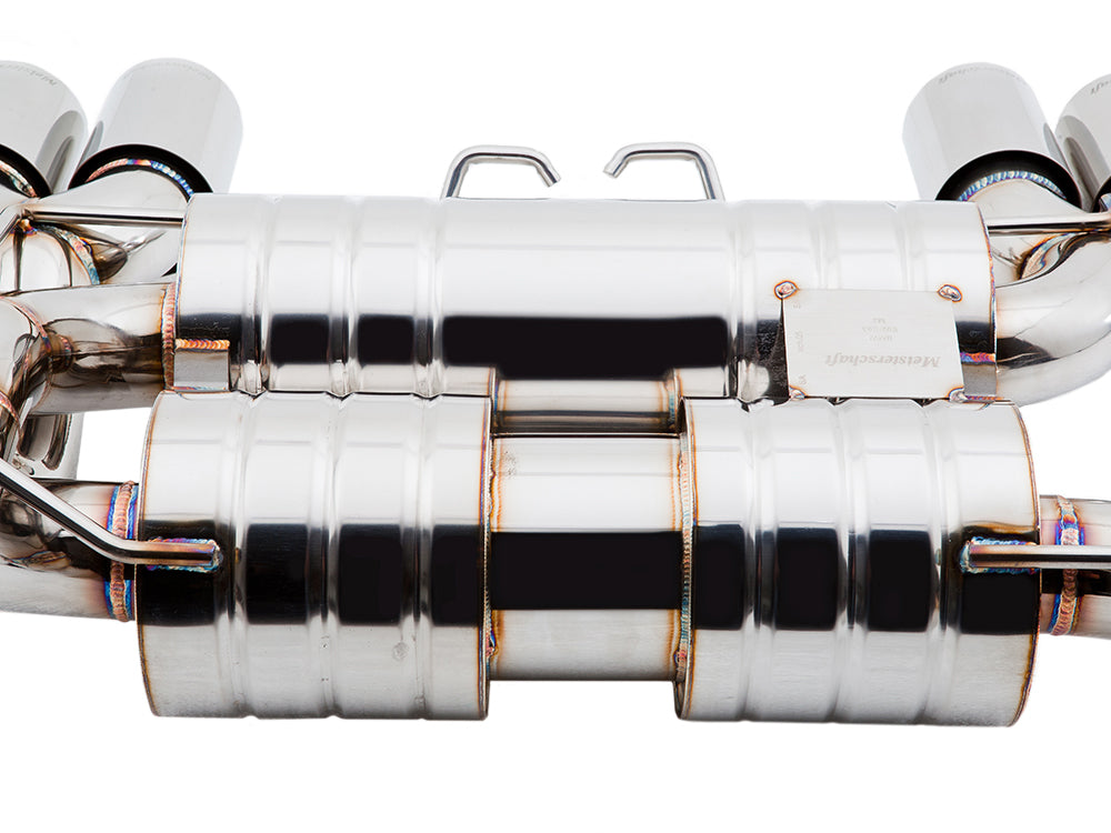 Premium exhaust system for BMW E90/92/93 M3 4.0L V8, featuring stainless steel construction and electronic valve control.