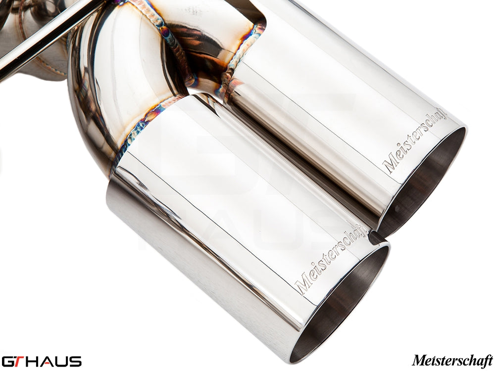 Premium Meisterschaft exhaust tips for BMW E90/92/93 M3, crafted from stainless steel for enhanced performance and style.