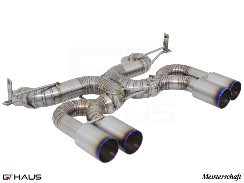 Premium Meisterschaft exhaust system for BMW E90/92/93 M3 4.0L V8, featuring stainless steel construction and quad tips.