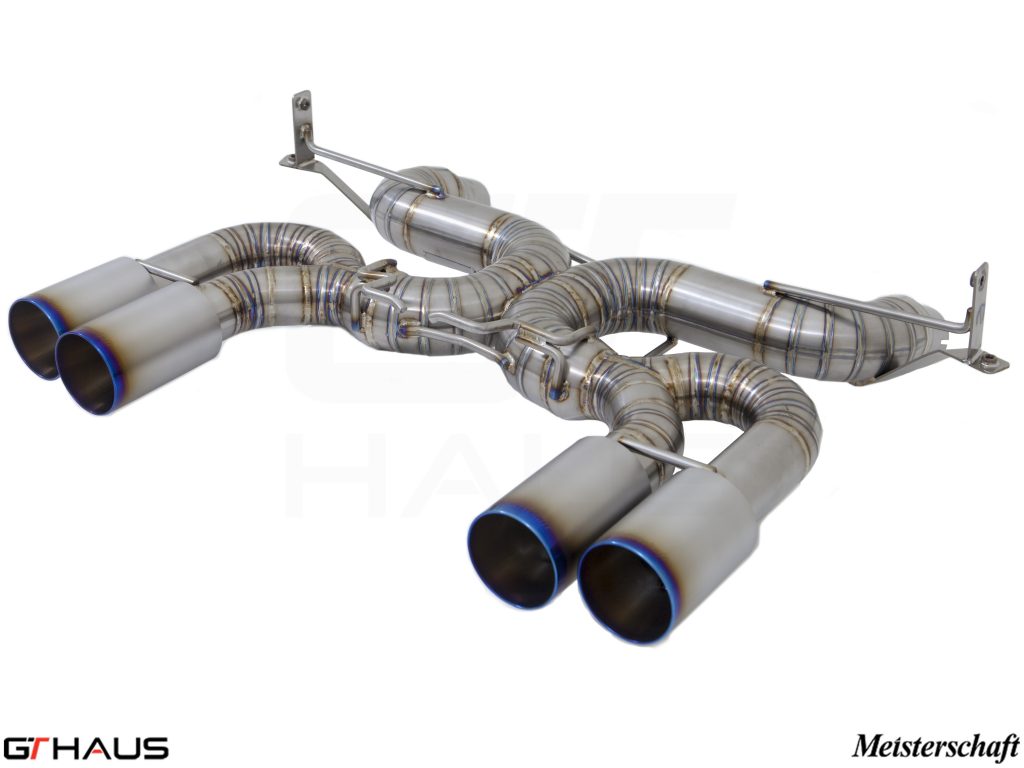 Premium Meisterschaft exhaust system for BMW E90/92/93 M3 4.0L V8, featuring stainless steel construction and quad tips.