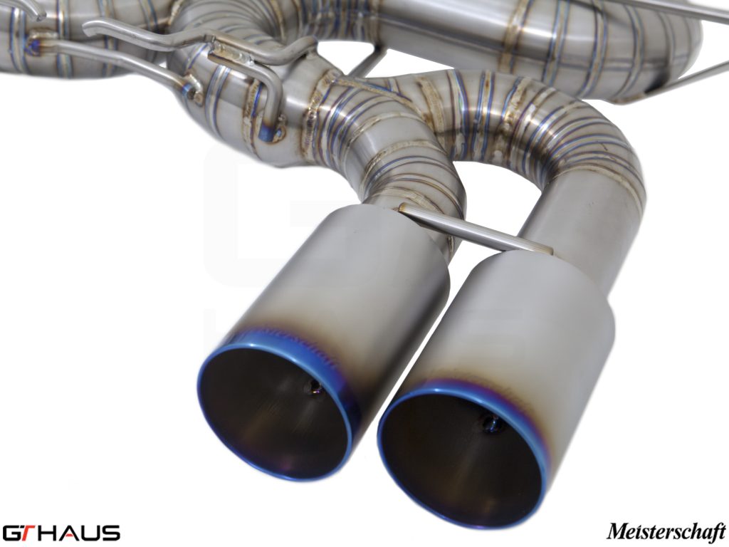 Premium performance exhaust system for BMW E90/92/93 M3 4.0L V8, featuring polished stainless steel tips and precision welds.