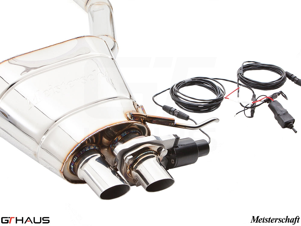 Premium Meisterschaft exhaust system for BMW F01/F02 7 Series 750i/Li Bi-turbo V8, featuring dual tips and electronic valve control.