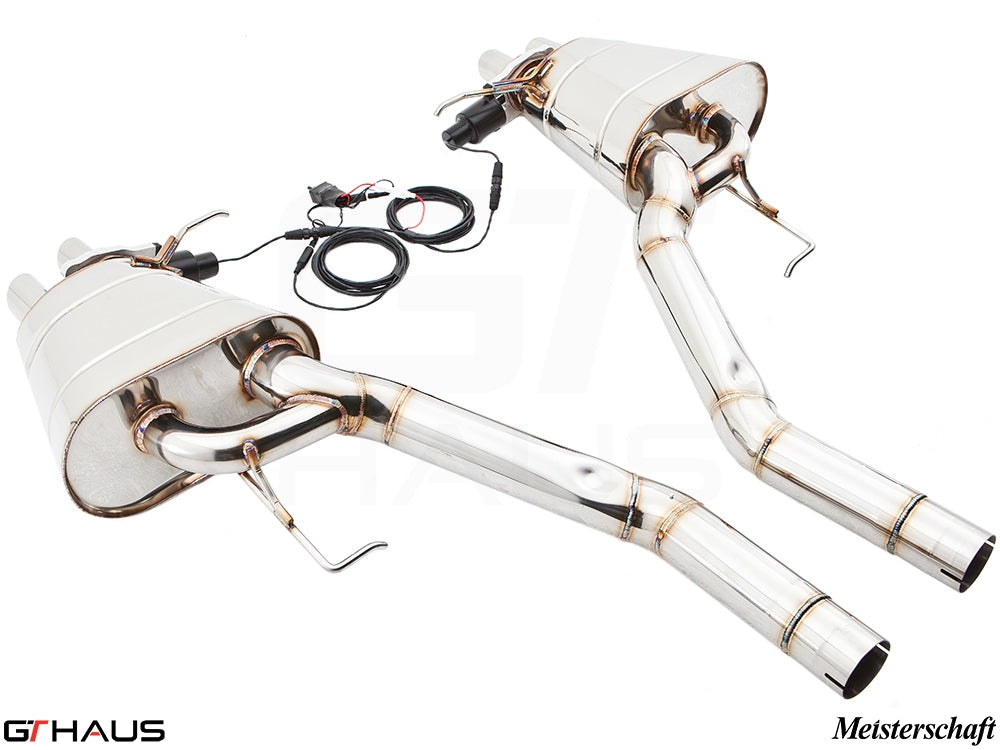 Premium performance exhaust system for BMW F01/F02 7 Series 750i/Li Bi-turbo V8, featuring stainless steel construction and electronic valve control.