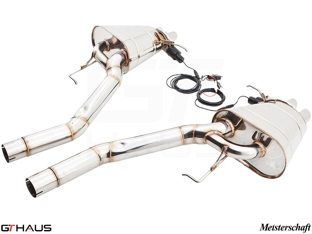 Premium exhaust system for BMW F01/F02 7 Series 760Li Bi-turbo V12, featuring stainless steel construction and electronic valve control.