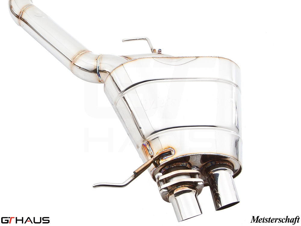 Premium exhaust system for BMW F01/F02 7 Series 760Li Bi-turbo V12, featuring stainless steel construction and dual tips.