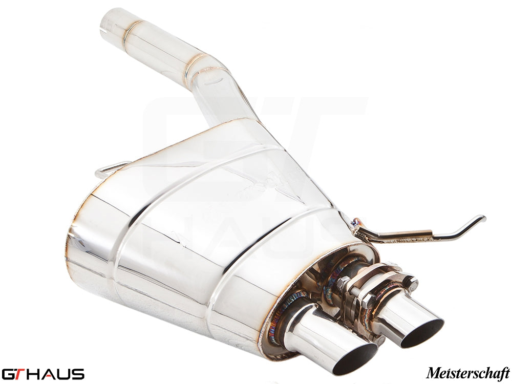 Premium exhaust system for BMW F01/F02 7 Series 760Li Bi-turbo V12, featuring polished stainless steel and dual tips.