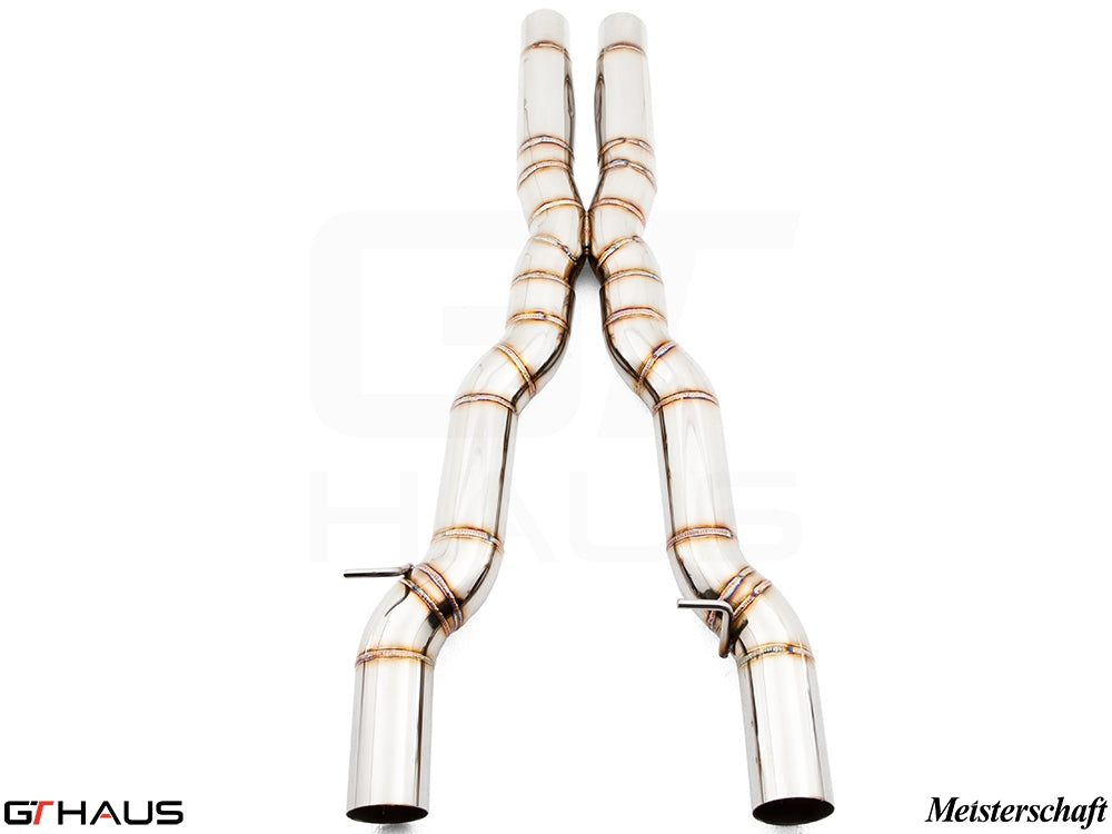 Cat-back mid resonator delete X pipe for 2013-2018 BMW F06 6 Series Gran Coupe 650i, featuring polished stainless steel design.