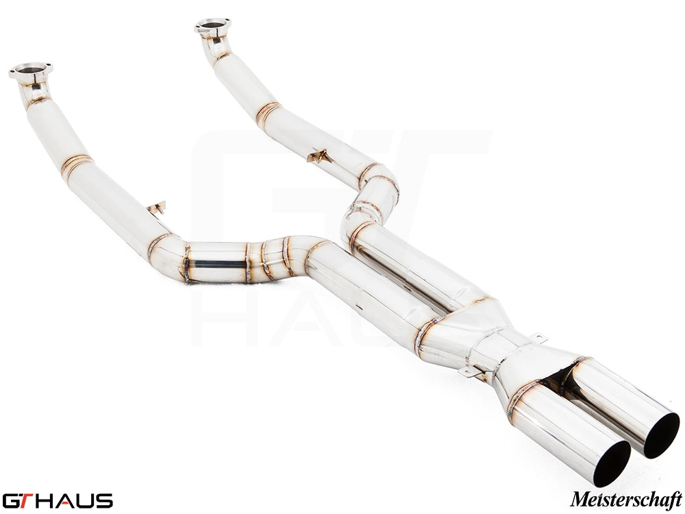 BMW F06 M6 Gran Coupe 2014-2019 full cat-back bolt-on pipe with 90mm piping and velocity box, featuring polished stainless steel finish.