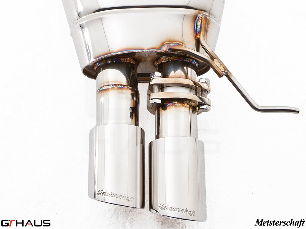 Meisterschaft exhaust system for BMW F10 5 Series 520D Diesel, showcasing polished stainless steel tips and craftsmanship.