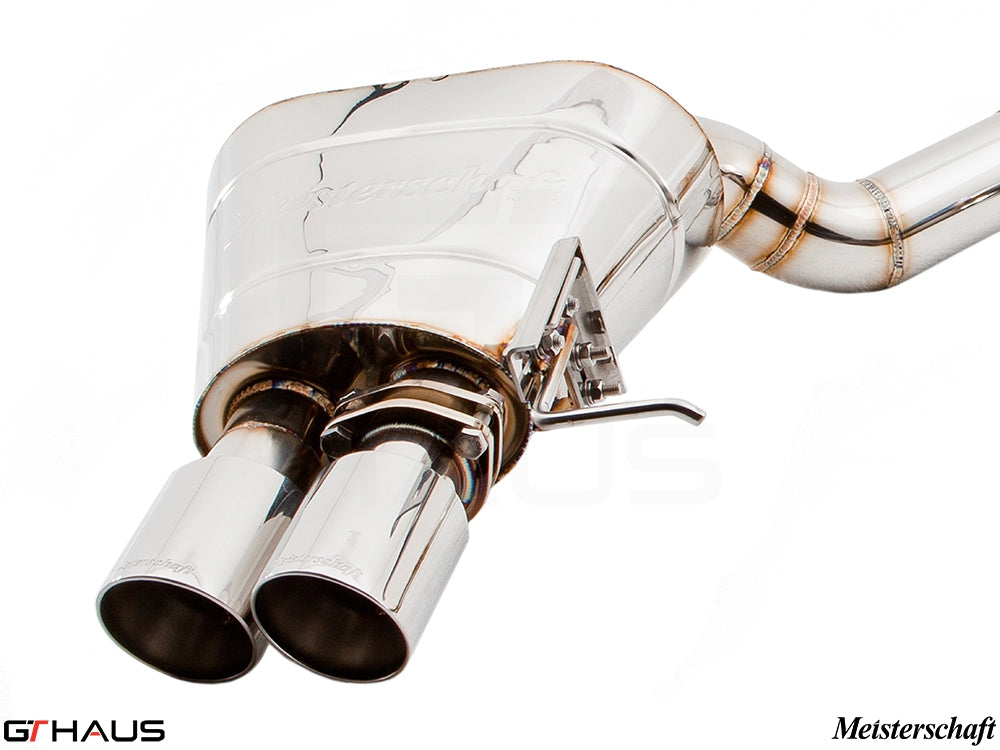 Premium Meisterschaft exhaust system for BMW F10 5 Series 520D Diesel, featuring polished dual tips and stainless steel construction.