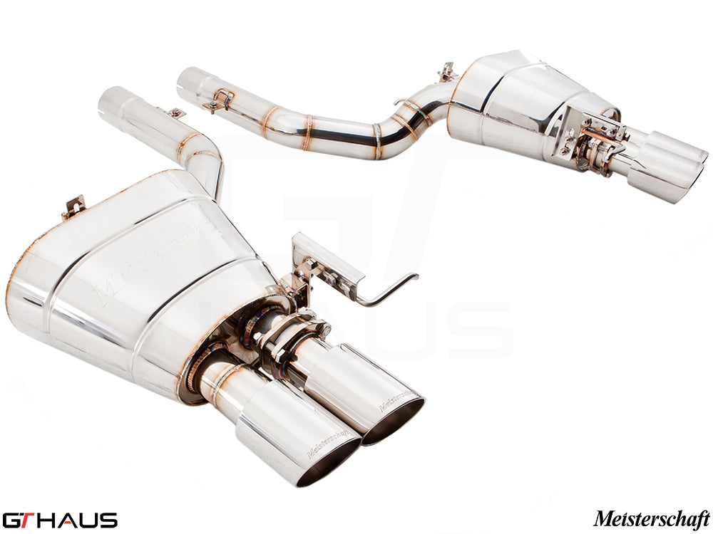 Premium Meisterschaft exhaust system for BMW F10 5 Series 520D Diesel, featuring polished stainless steel and dual tips.