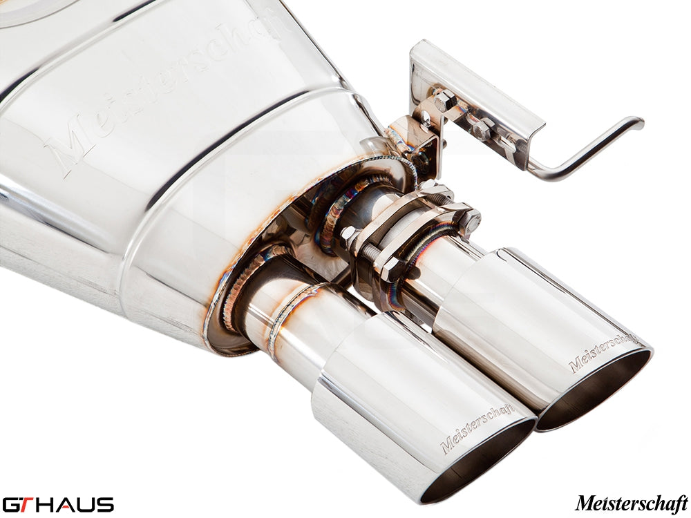 Meisterschaft performance exhaust for BMW F10 5 Series 520D Diesel, featuring polished stainless steel tips and valve control.