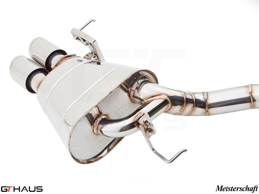 Premium Meisterschaft exhaust system for BMW F10 5 Series 520D Diesel, featuring polished stainless steel design and dual tips.