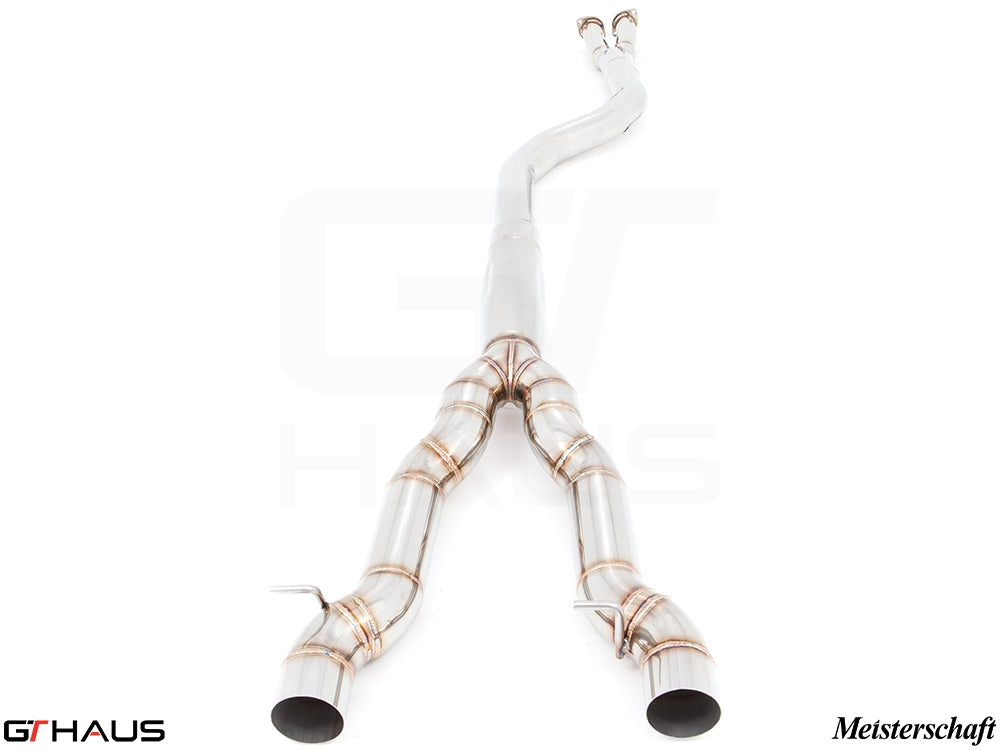 BMW F10 5 Series 2011-2016 full cat-back resonator delete bolt-on pipe with four-tip application, crafted from stainless steel.