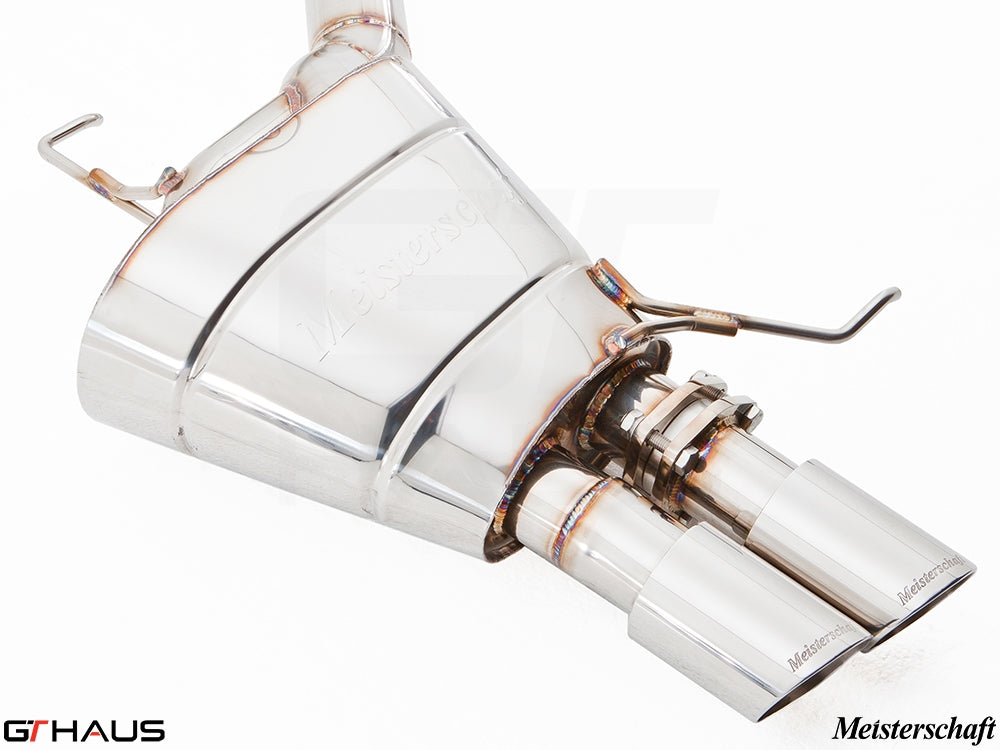 Premium Meisterschaft exhaust system for BMW F10 5 Series 523i/528i Inline 6, featuring polished stainless steel tips.