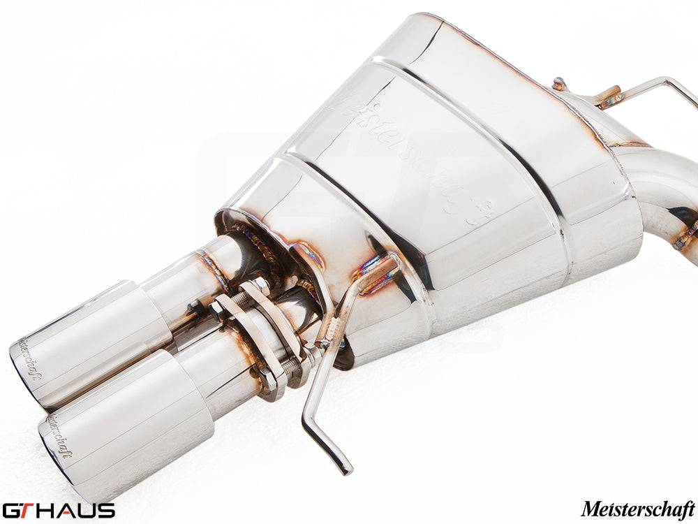 Premium Meisterschaft exhaust system for BMW F10 5 Series 523i/528i, featuring polished stainless steel finish and dual tips.