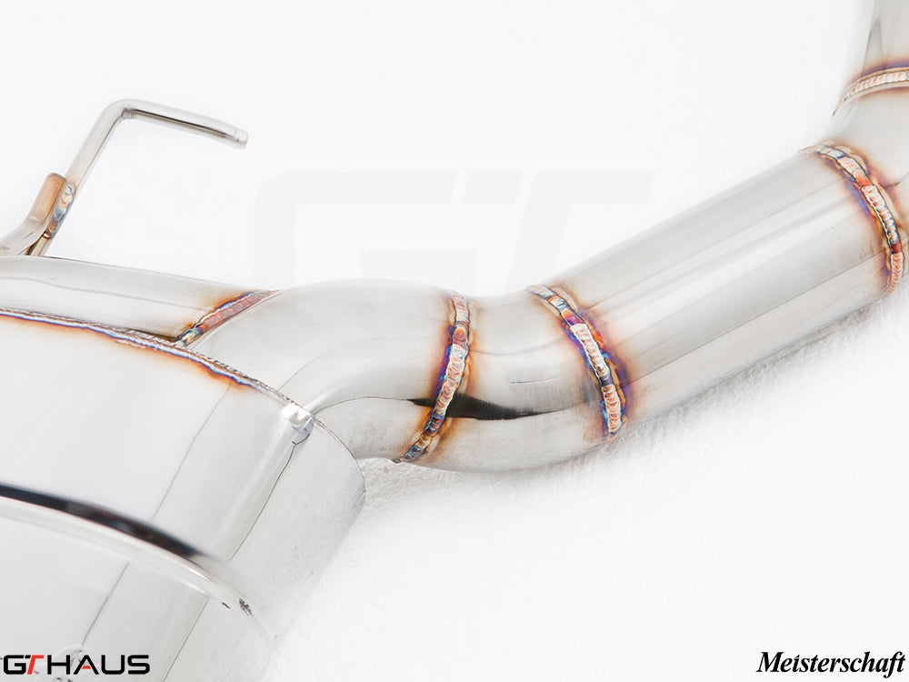Premium stainless steel exhaust system for BMW F10 5 Series 523i/528i, showcasing precision welding and craftsmanship.