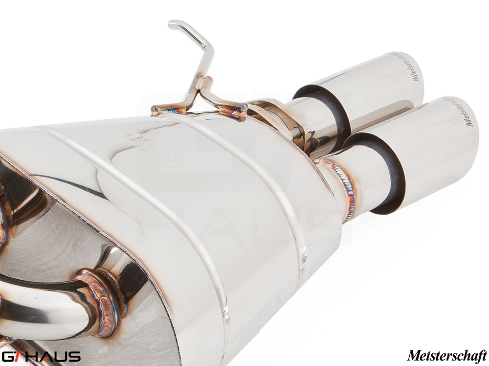 Premium exhaust system for BMW F10 5 Series 523i/528i, featuring polished stainless steel and dual tips.