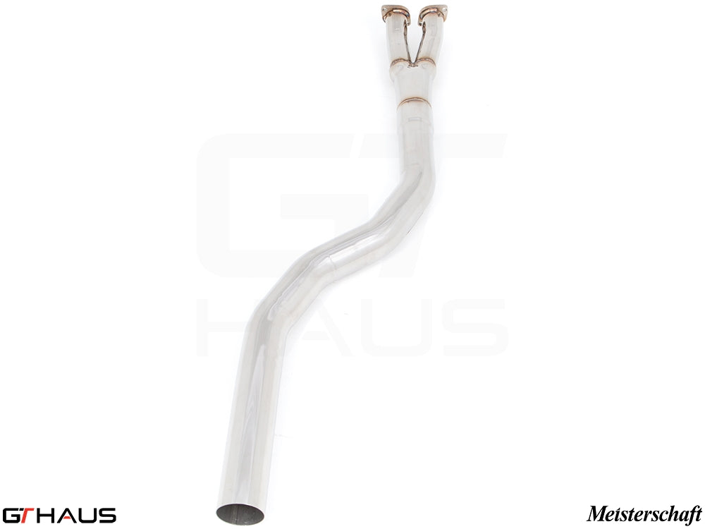 BMW F10 5 Series 2012-2016 full cat-back resonator delete bolt-on pipe with LXR 4Tip application, made from stainless steel.