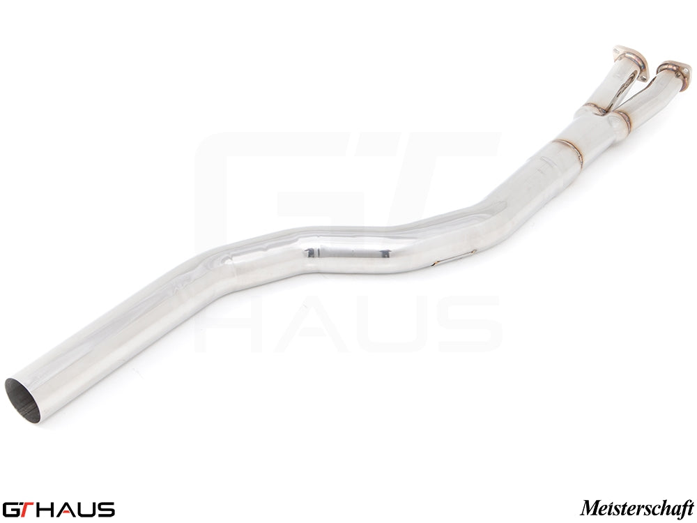 BMW F10 5 Series 2012-2016 full cat-back bolt-on pipe with resonator delete, featuring a polished stainless steel finish.