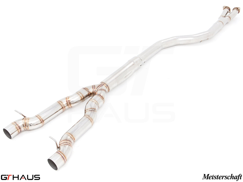 BMW F10 5 Series 2012-2016 full cat-back resonator delete bolt-on pipe with four-tip application, crafted for performance.