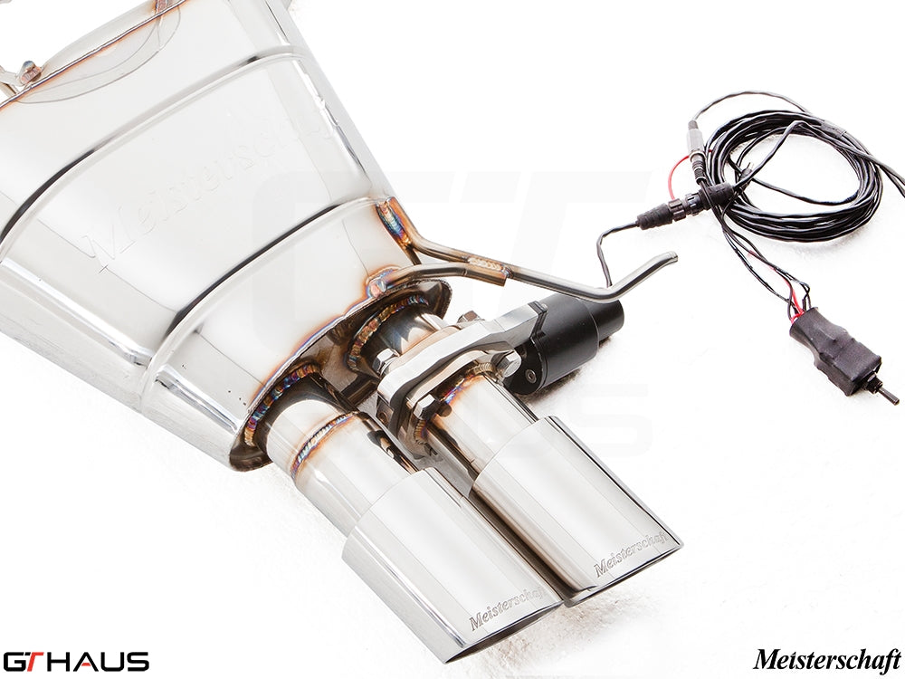 Premium Meisterschaft exhaust system for BMW F10 528i Inline 4, featuring dual tips and electronic valve control.