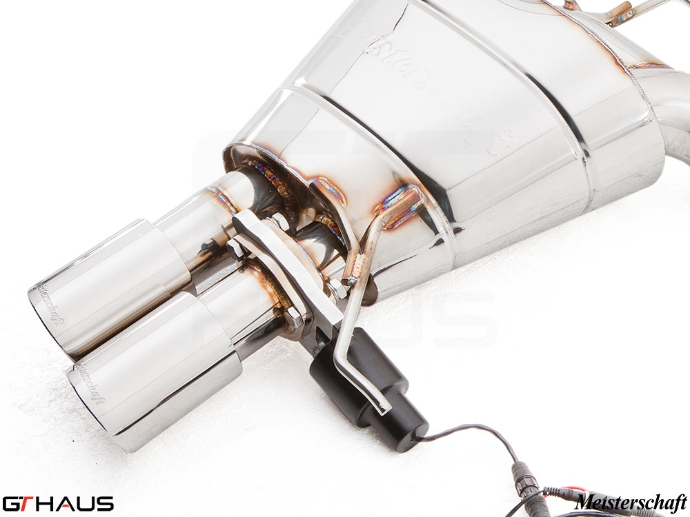 Premium Meisterschaft exhaust system for BMW F10 528i, featuring polished stainless steel tips and electronic valve control.