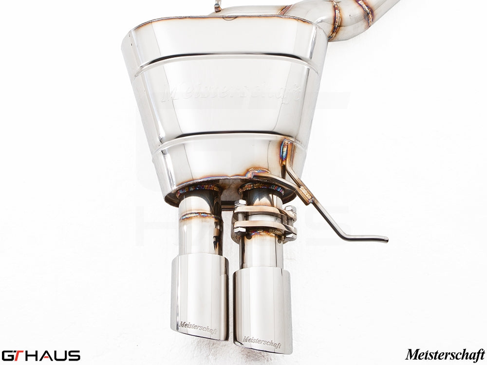 Premium Meisterschaft exhaust system for BMW F10 528i 2.0 Turbo, featuring polished stainless steel finish and dual tips.