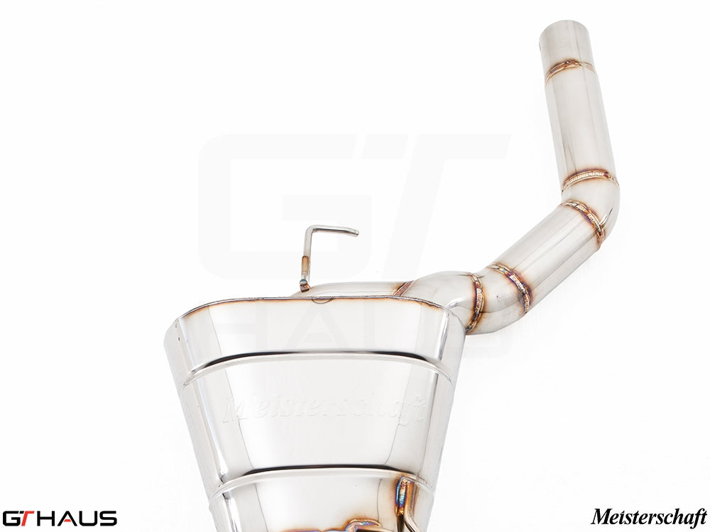 Premium Meisterschaft exhaust system for BMW F10 528i Inline 4 2.0 Turbo, showcasing high-quality stainless steel construction.