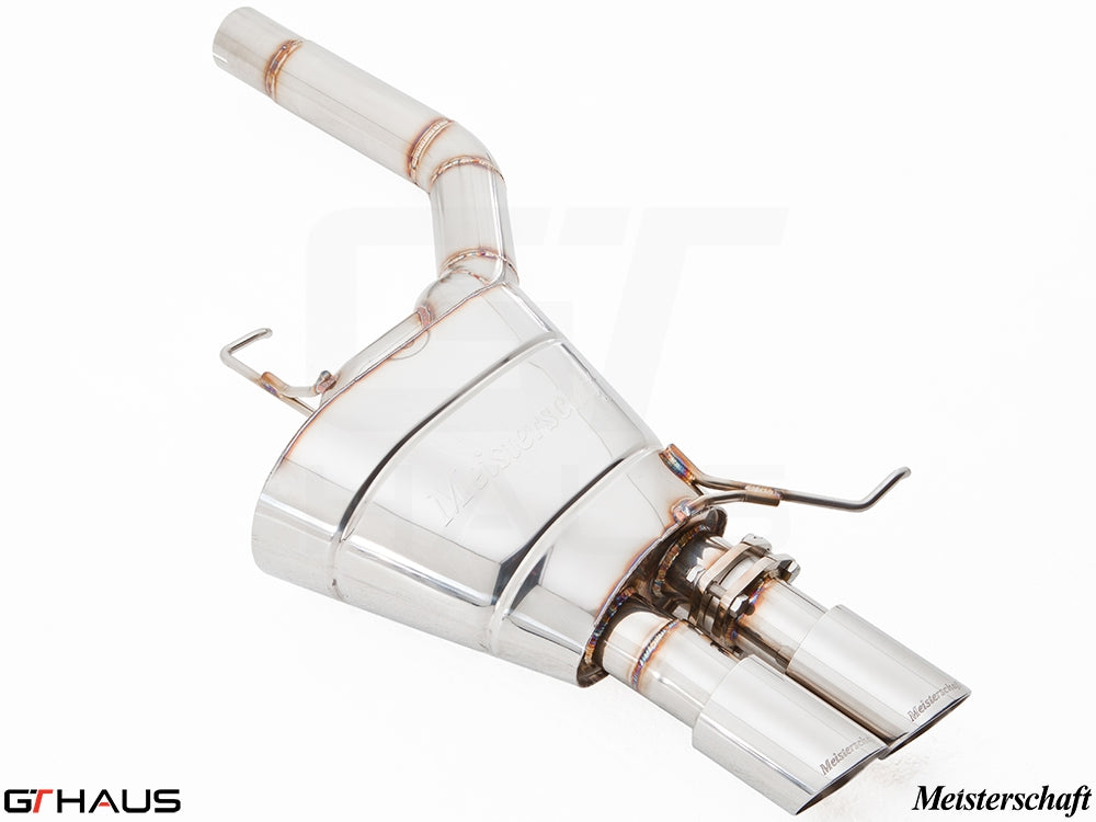 Premium Meisterschaft exhaust system for BMW F10 528i Inline 4 2.0 Turbo, featuring polished stainless steel and dual tips.