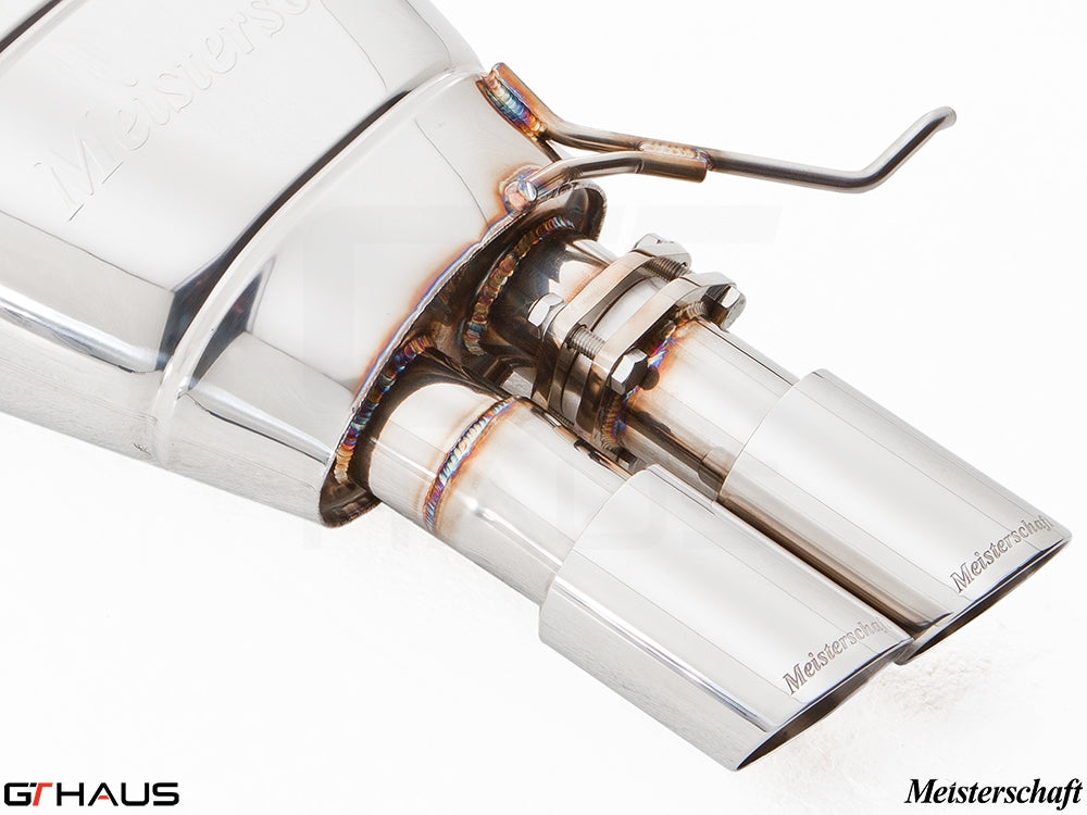 Premium Meisterschaft exhaust system for BMW F10 528i, featuring dual polished tips and electronic valve control.