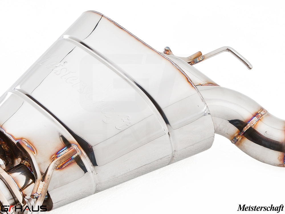 Premium Meisterschaft exhaust system for BMW F10 528i, featuring polished stainless steel construction and precision design.