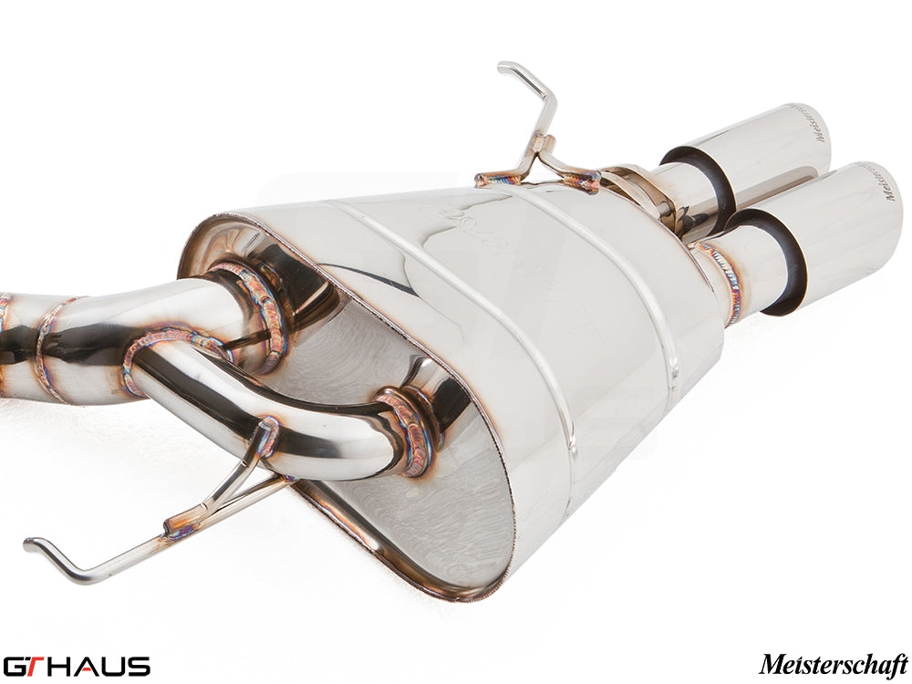 Premium Meisterschaft exhaust system for BMW F10 528i, featuring polished stainless steel construction and dual tips.