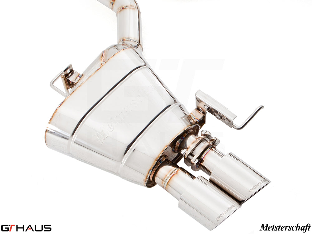 Premium Meisterschaft exhaust system for BMW F10 528i Inline 4, featuring polished stainless steel and electronic valve control.