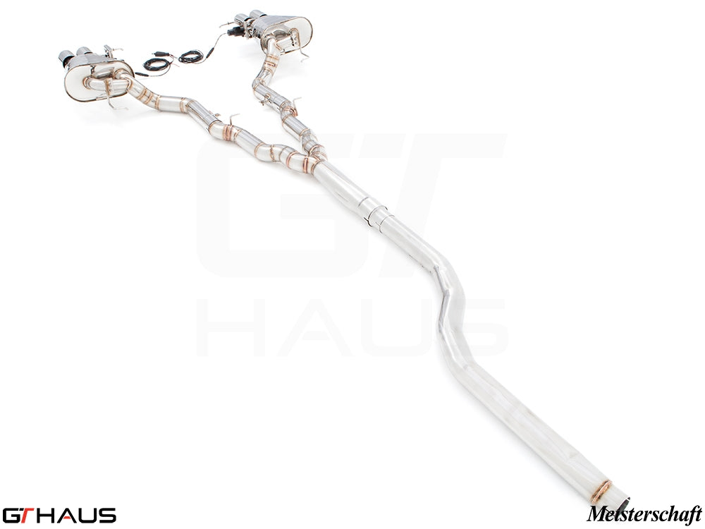 Premium performance exhaust system for BMW F10 5 Series 535i Sedan, featuring stainless steel construction and electronic valve control.